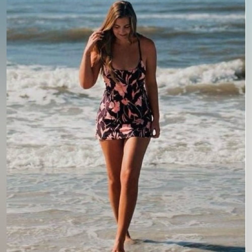 Lands' End Black One-Piece Swim Dress with Pink Floral Print